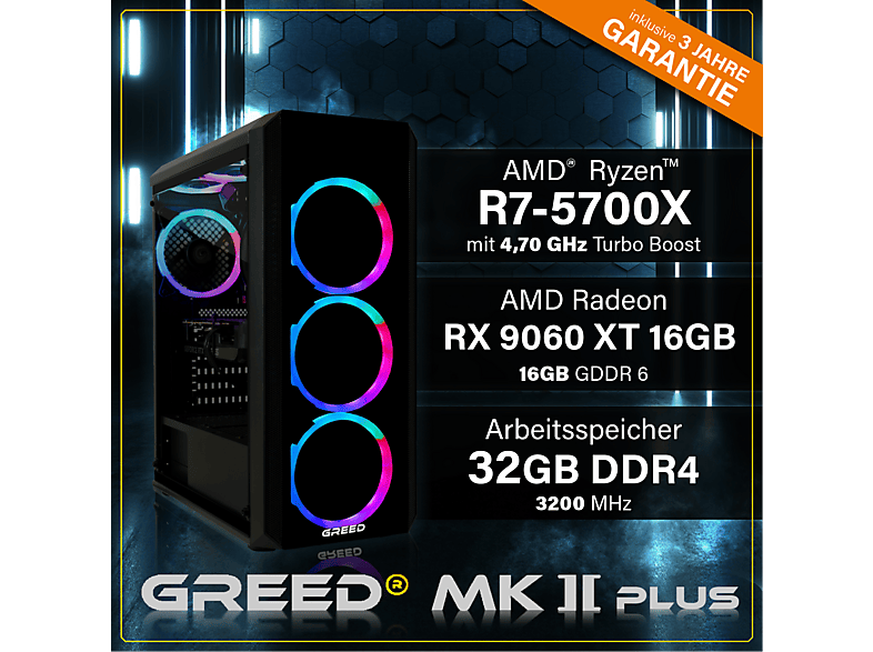 GREED MK2 Plus AMD - 4K, Gaming PC mit AMD Ryzen™ 7 7 5700X Prozessor, 32 GB RAM, 1 TB SSD, AMD Radeon™ RX 9060 XT, Windows 11 Pro - Image 3